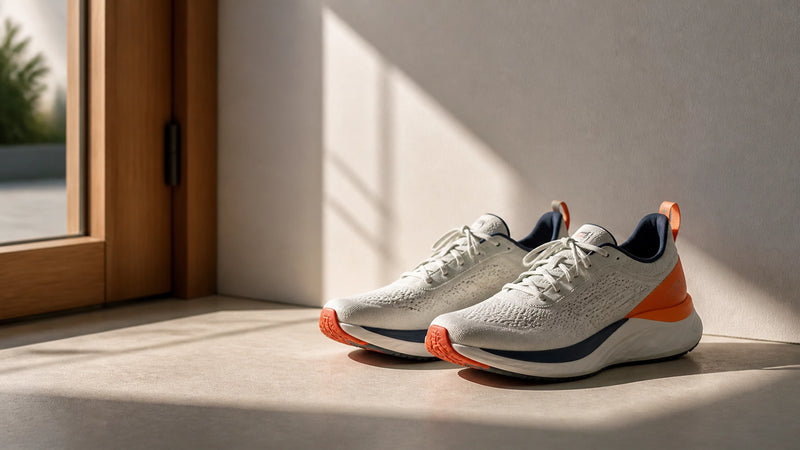 A pair of high-quality running shoes placed neatly by a wooden doorway in soft morning sunlight