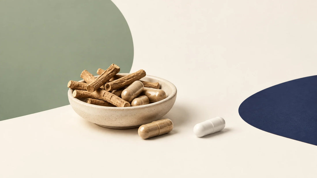 Minimalist still life of ashwagandha root and magnesium capsules for sleep and stress support