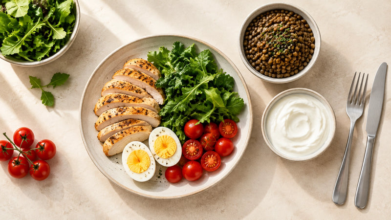 Overhead arrangement of cooked chicken breast, eggs, Greek yoghurt and lentils on a light stone surface