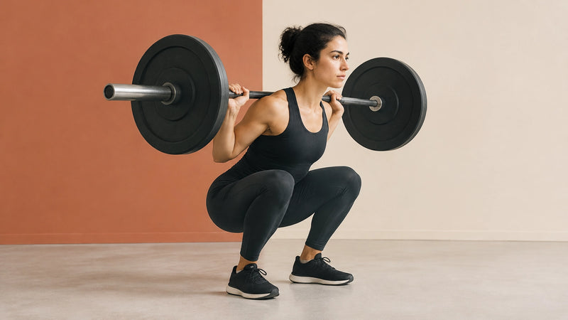 Athlete performing a controlled deep barbell squat in a bright, uncluttered gym