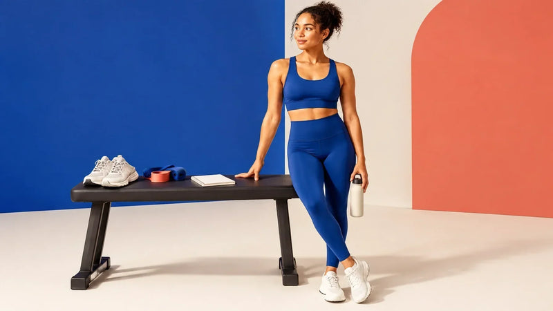 Adult preparing for a balanced weekly training plan with gym equipment, running shoes and a blank planner