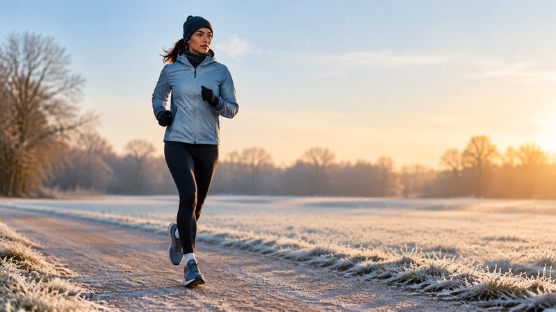 Runner wearing layered winter training clothing on a frosty park path in early morning light