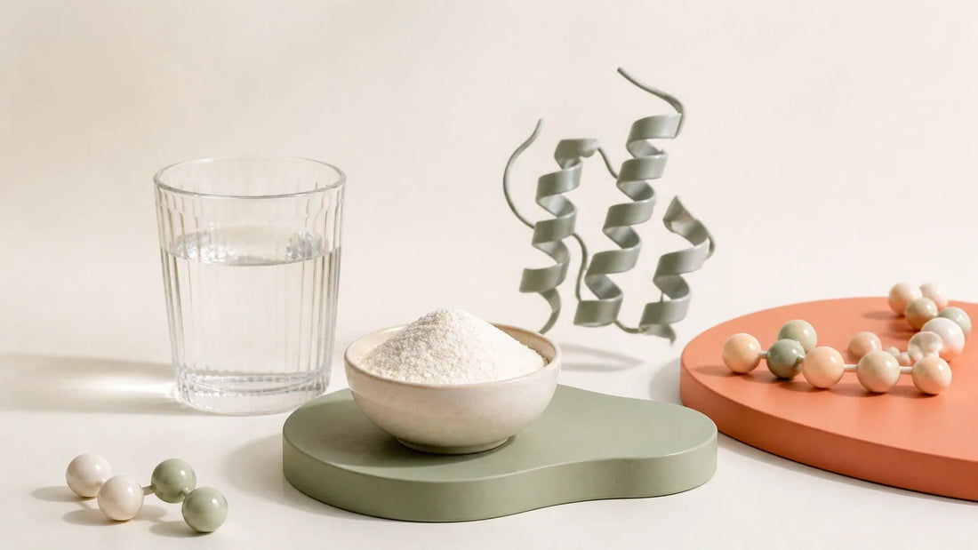 Collagen powder, water, and abstract peptide-inspired forms arranged on a clean wellness background