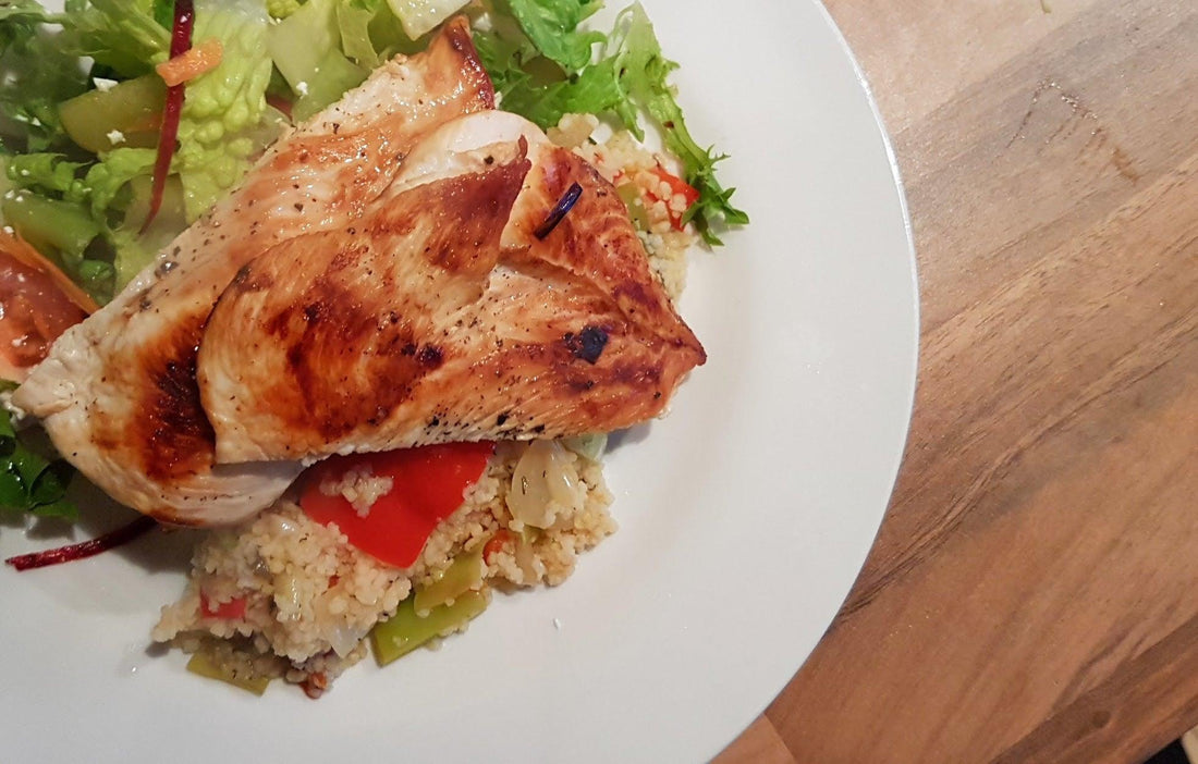 Pan fried Chicken Breast with Mediterranean Couscous - Fitness Health 