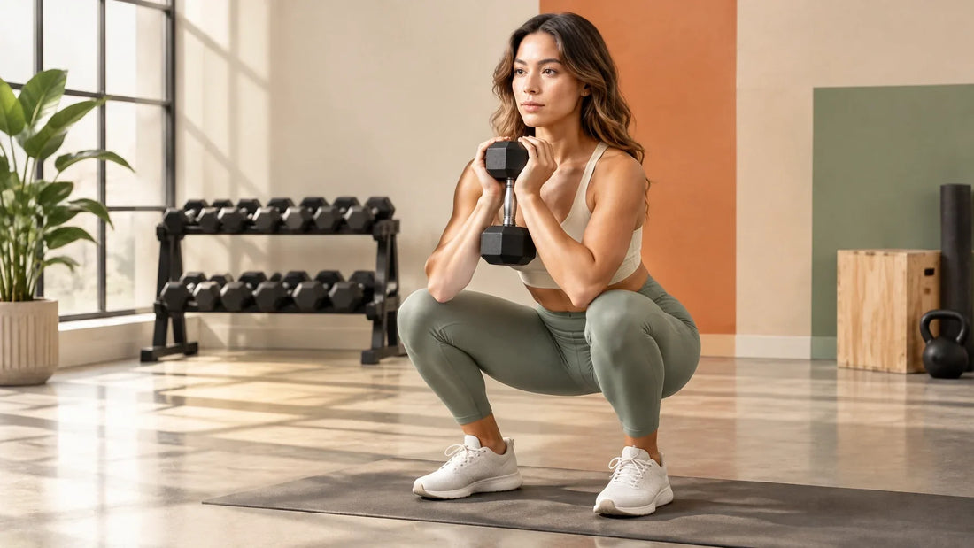 Focused recreational lifter performing a controlled goblet squat in a bright modern gym