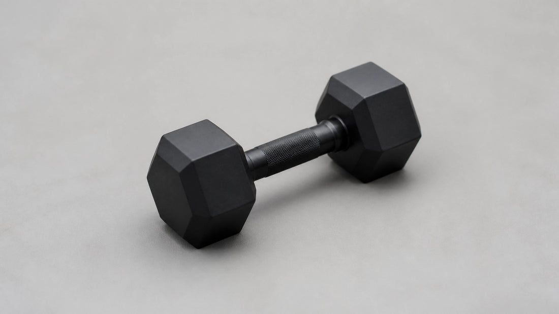 Sleek black dumbbells on a minimalist grey background representing the efficiency of low-volume training
