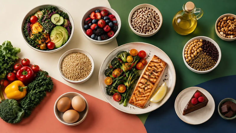 Colourful whole foods arranged with a small dessert to represent balanced 80/20 nutrition