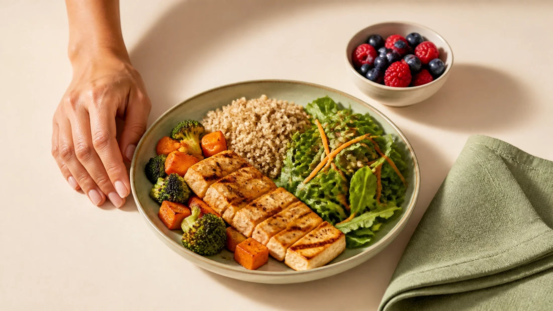 Balanced colourful meal with protein, vegetables, whole grains and berries arranged on a calm cream background