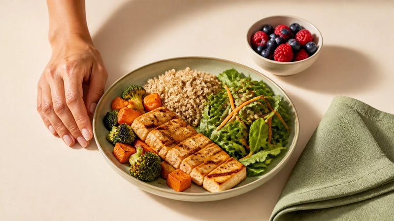 Balanced colourful meal with protein, vegetables, whole grains and berries arranged on a calm cream background