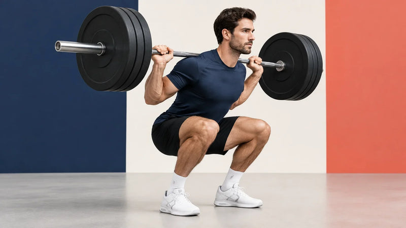 Athletic lifter performing a controlled barbell squat in a clean modern gym