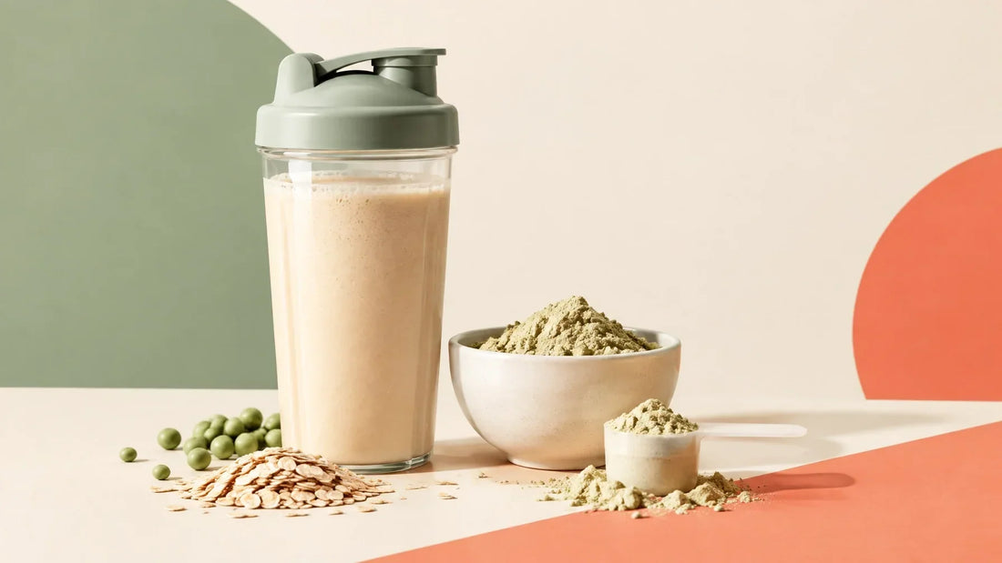 Protein shake, scoop of protein powder and pea protein on a clean neutral background