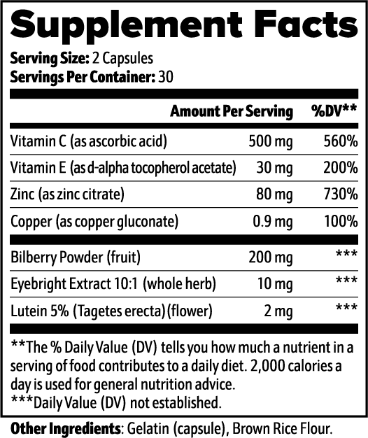 Vision Support Complex - Lutein + Bilberry + Vitamins C & E - Eye Health Formula*