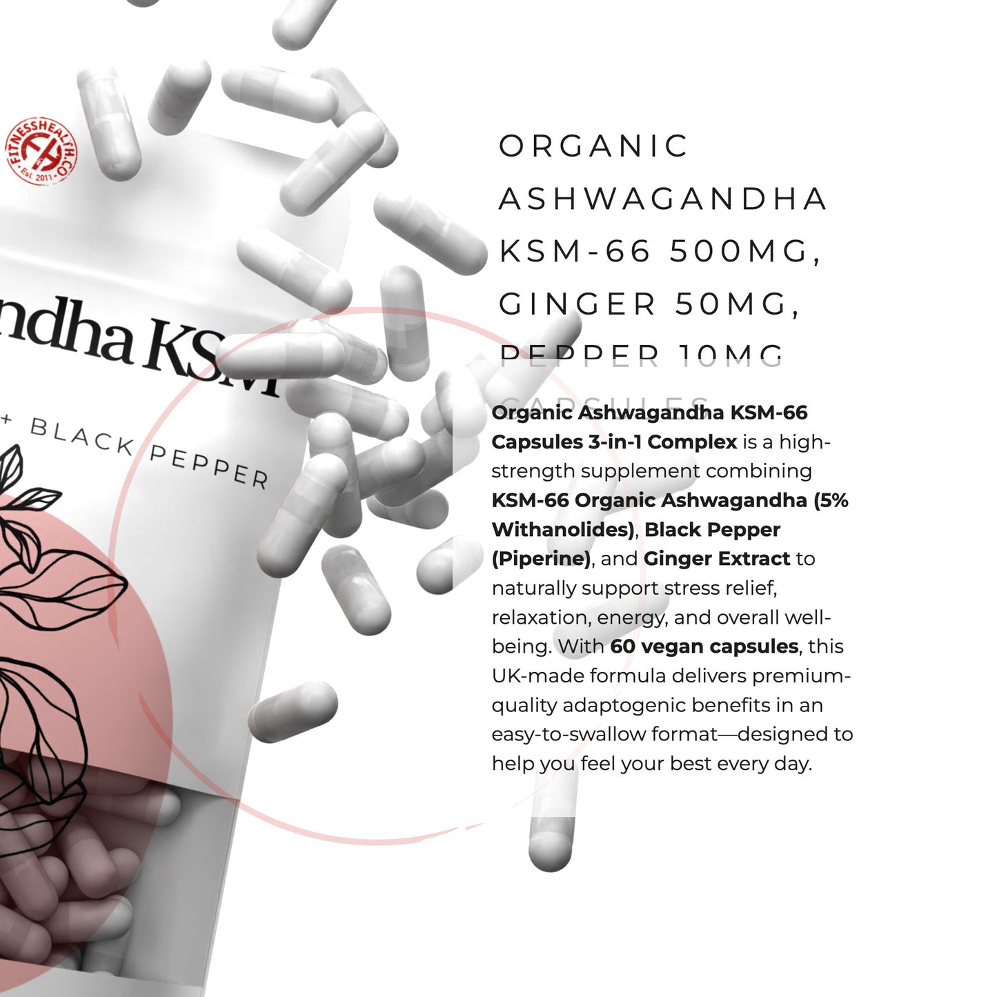 Organic Ashwagandha KSM 66 | 3-in-1 Complex | with Black Pepper & Ginger Extract – 5% Withanolides | Premium Stress Support Supplement