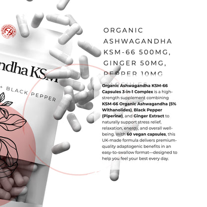 Organic Ashwagandha KSM 66 | 3-in-1 Complex | with Black Pepper & Ginger Extract – 5% Withanolides | Premium Stress Support Supplement