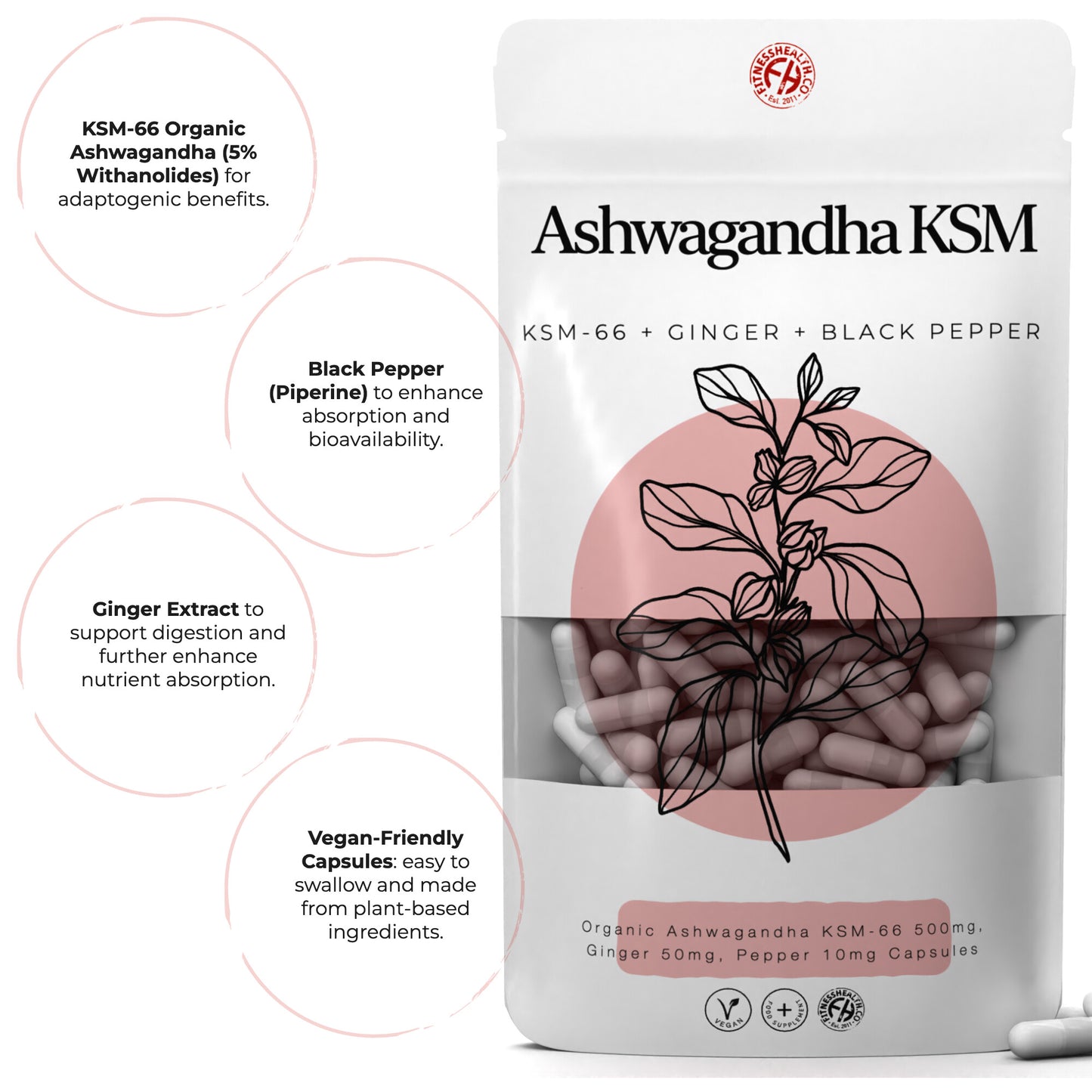 Organic Ashwagandha KSM 66 | 3-in-1 Complex | with Black Pepper & Ginger Extract – 5% Withanolides | Premium Stress Support Supplement