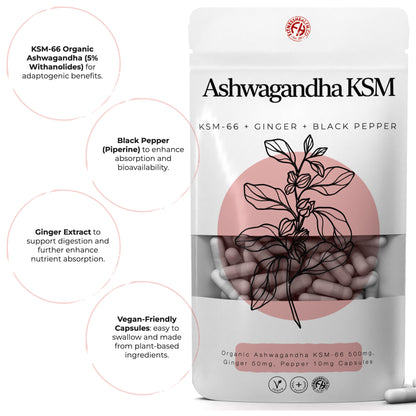 Organic Ashwagandha KSM 66 | 3-in-1 Complex | with Black Pepper & Ginger Extract – 5% Withanolides | Premium Stress Support Supplement