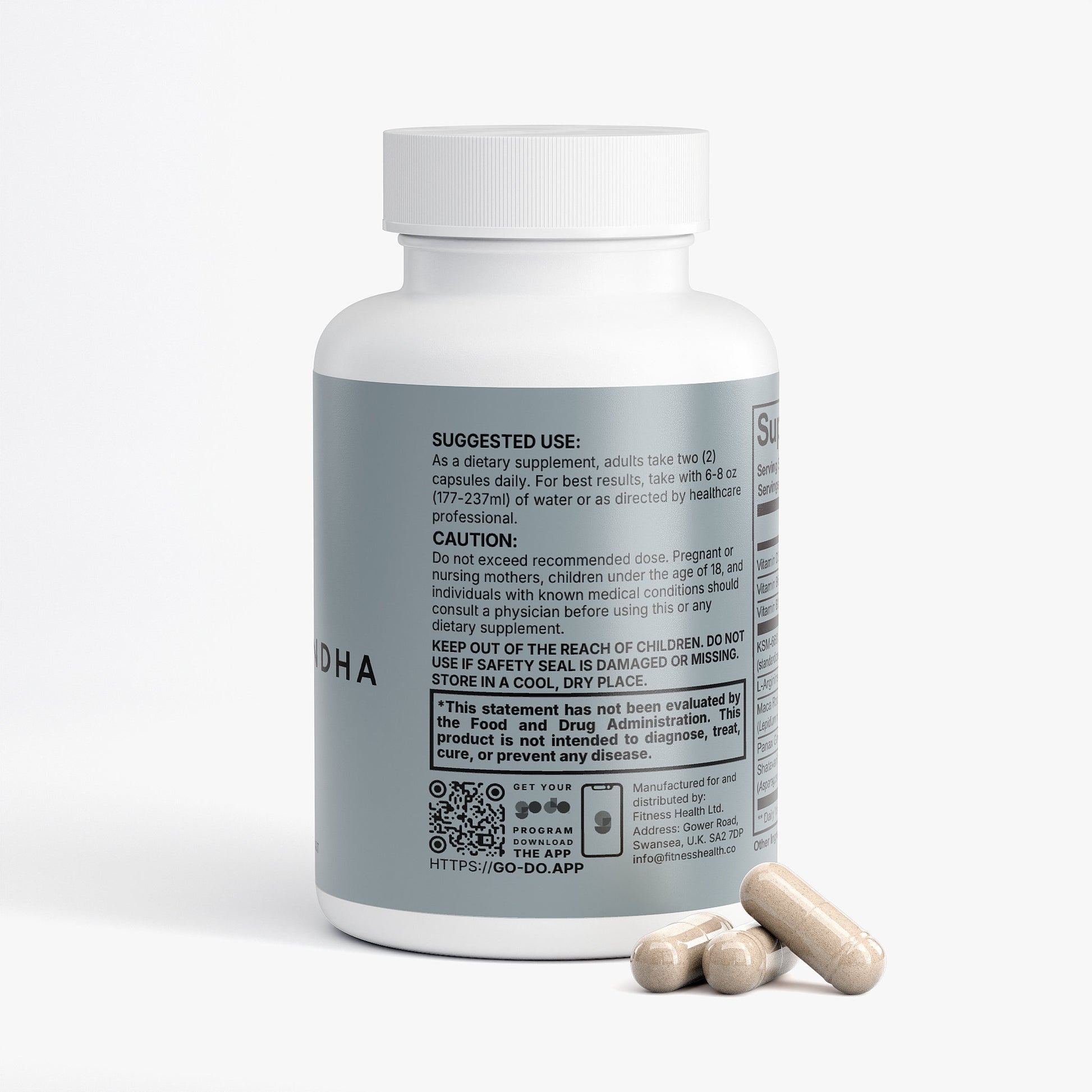 Supplement bottle with label and two capsules on a white background