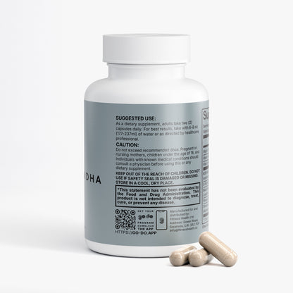Supplement bottle with label and two capsules on a white background