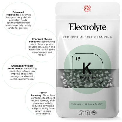 Electrolyte Potassium Tablets 400mcg Vegan Friendly Nervous System Support