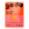 A single refill pouch of Raspberry Ketone food supplement on a plain white background. The pouch has a peach border, with a front label featuring a gradient from orange to pink, a yellow-orange circle in the center, and dark brown abstract shapes at the top.