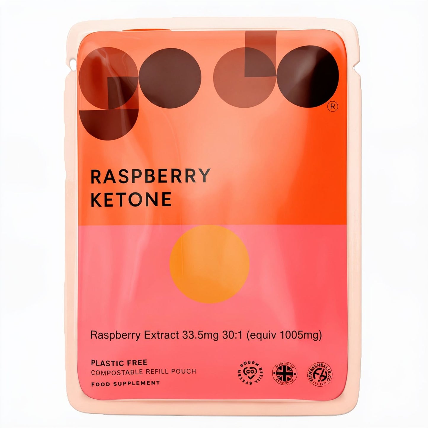 A single refill pouch of Raspberry Ketone food supplement on a plain white background. The pouch has a peach border, with a front label featuring a gradient from orange to pink, a yellow-orange circle in the center, and dark brown abstract shapes at the top.