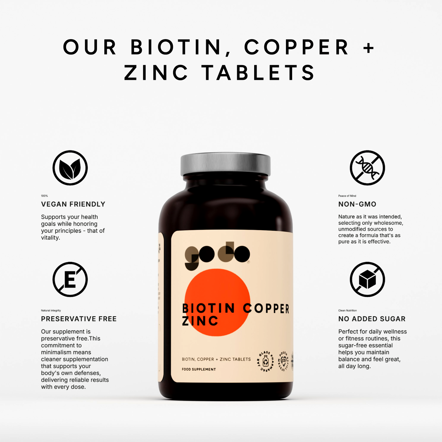 Biotin, Copper & Zinc Tablets - UK Made Vegan Supplement - Essential Mineral & Vitamin Formula
