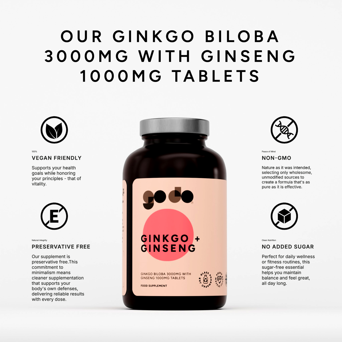 Cognitive & Energy Support - Ginkgo Biloba 3000mg with Ginseng 1000mg Tablets