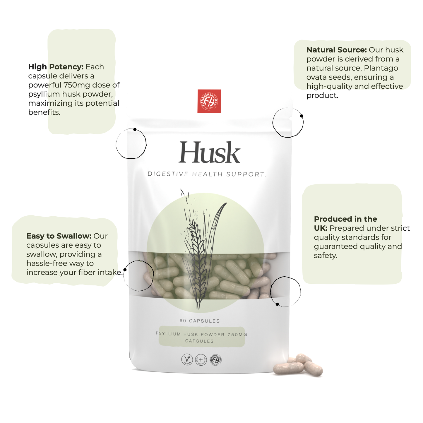 Psyllium Husk 750mg Capsules - 100% Pure Natural Fibre