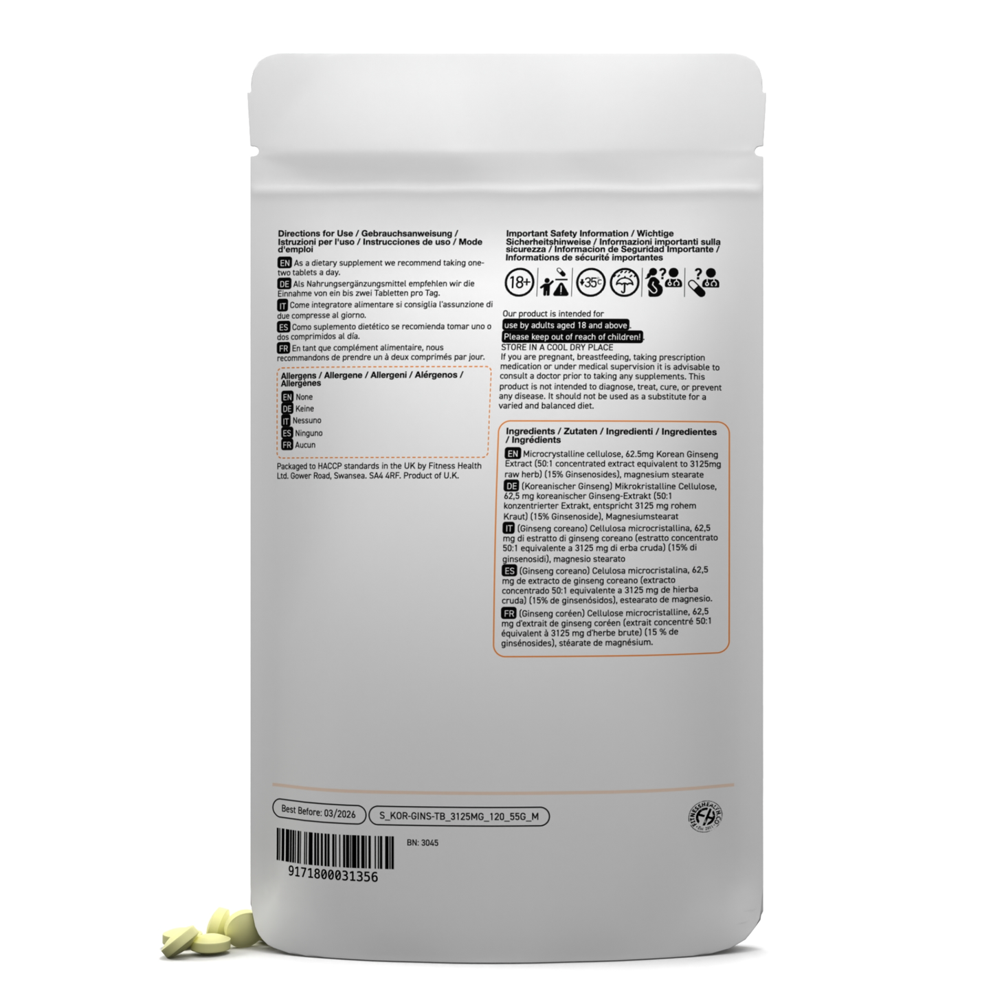 Korean Ginseng Extract 3125mg Tablet - 1 Year Supply