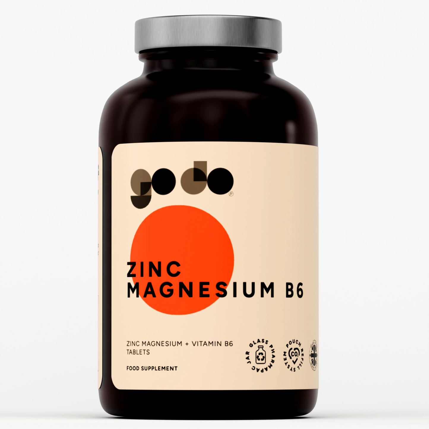 Fitness Health Zinc Magnesium and Vitamin B6 supplement in a refillable glass jar with supporting product graphics